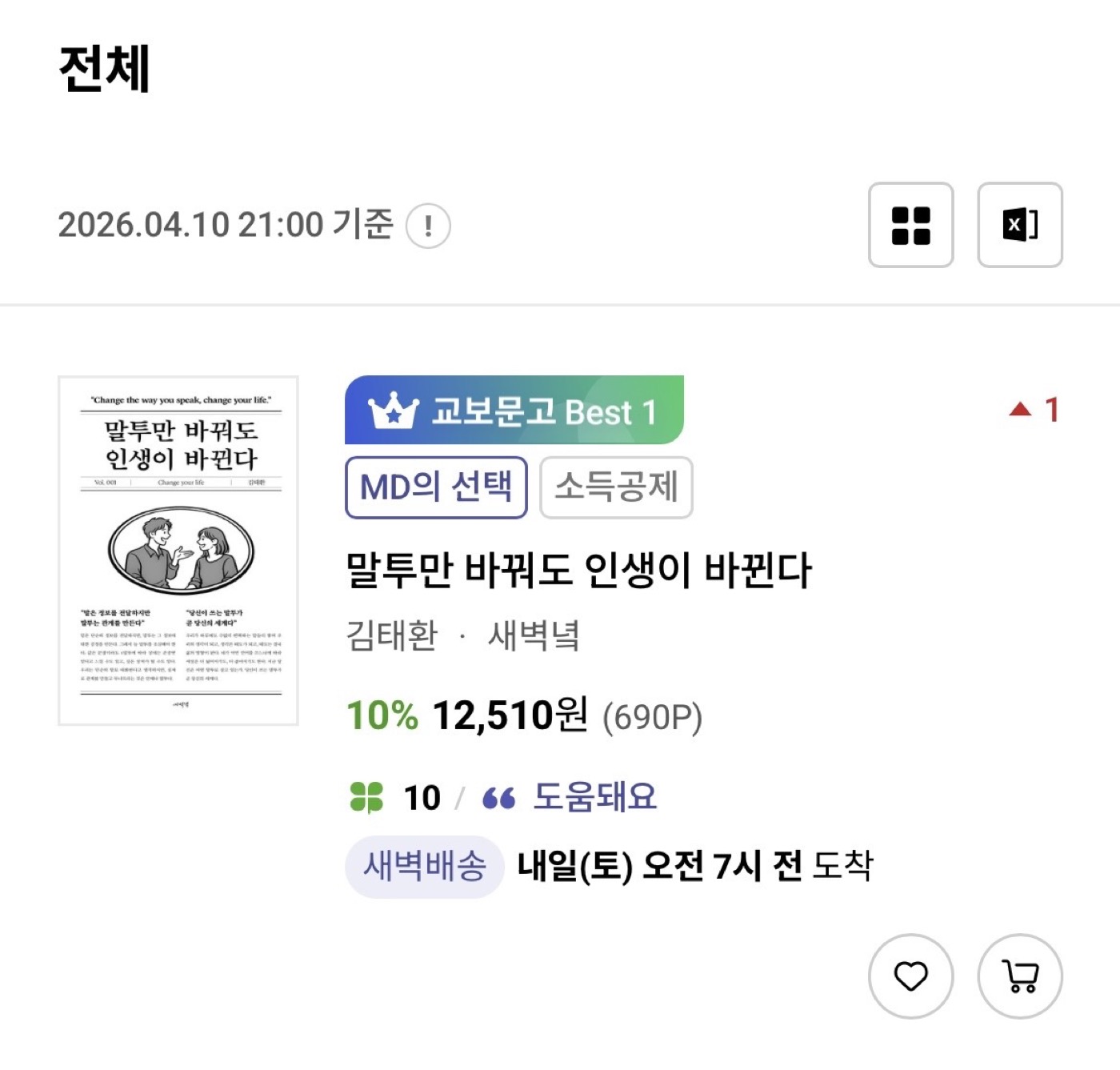 교보문고 실시간 베스트 전체 1위 - 말투만 바꿔도 인생이 바뀐다
